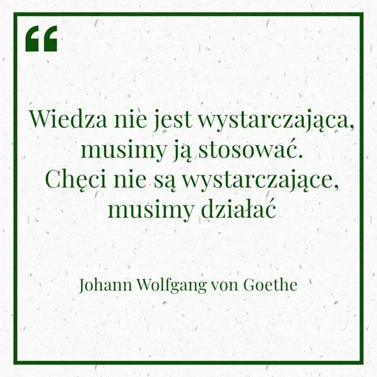 Grafika z Myślą dnia na 8 lutego "Wiedza nie jest wystarczająca, musimy ją stosować. Chęci nie są wystarczające, musimy działać" - Johann Wolfgang von Goethe