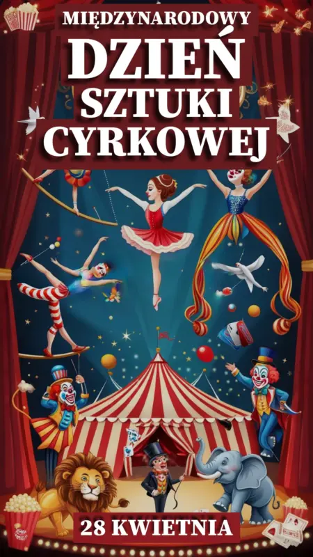 Ilustracja na wspomnienie o obchodach Międzynarodowego Dnia Sztuki Cyrkowej przypadającego na dzień 28 kwietnia 2025 roku. | Moje Quo Vadis - mojequovadis.pl | PpiotrR.pl