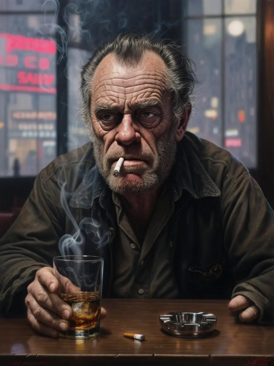 Charles Bukowski (1920-1994) Amerykański pisarz niemieckiego pochodzenia, przedstawiciel literatury brudnego realizmu. Najważniejsze dzieła: "Post Office" (Urząd pocztowy), "Women" (Kobiety), "Ham on Rye" (Szynka na żytnim), "Pulp" (Miazga). Poeta codzienności, alkoholu i miejskiego życia.