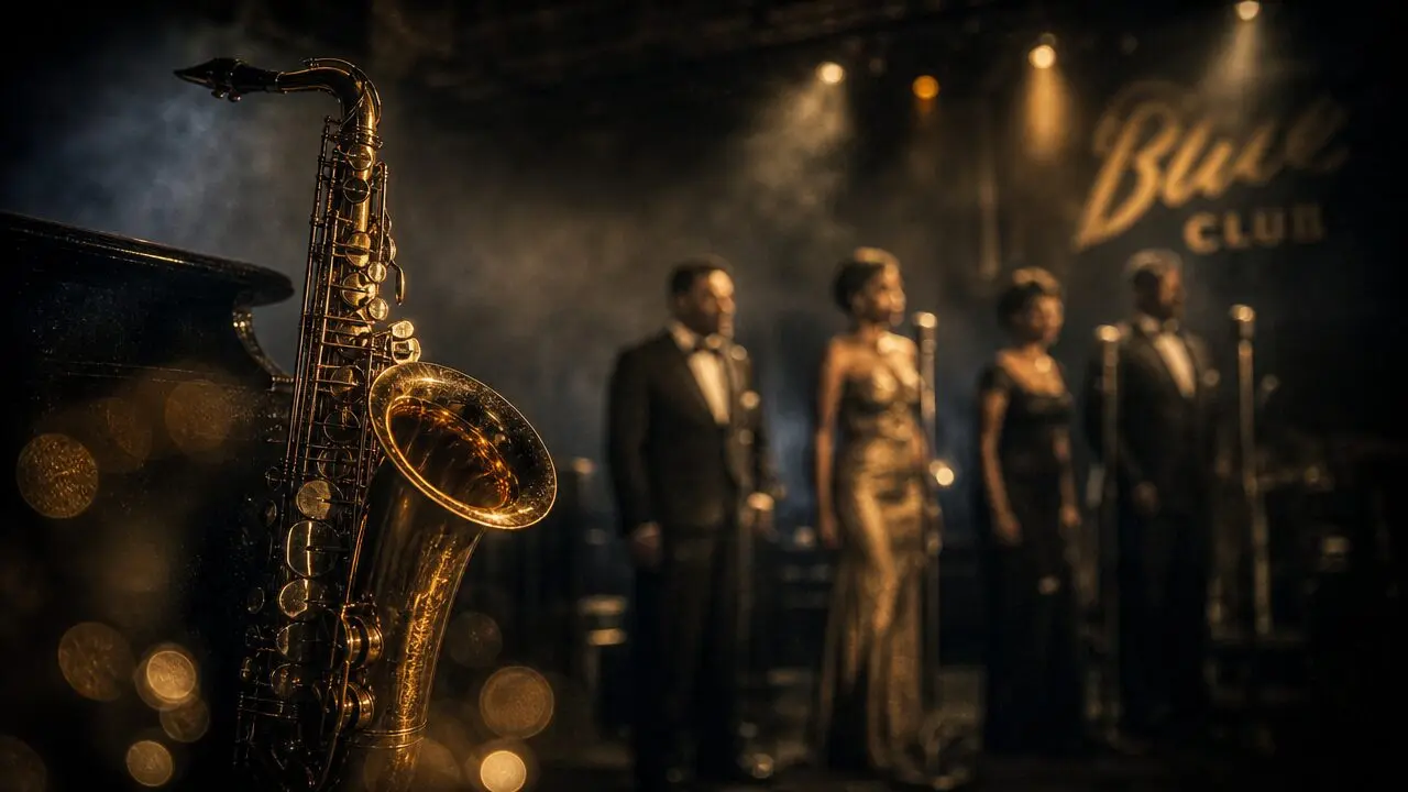 002 In a classic jazz style a polished saxophone is D jWzPtc jpg